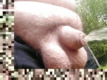 Fat man pisses with small uncut penis huge stream of piss infront of wife.