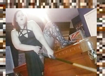 Chubby girl fucks self with pool stick on pool table till she squirts