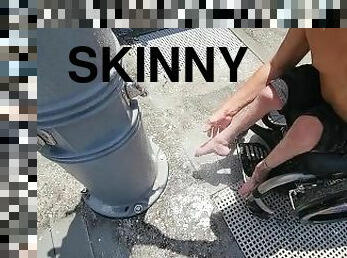 Paraplegic Washing Sand Off Of Skinny Legs and Tiny Feet After Being On The Beach