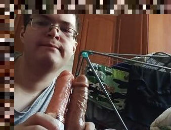 russo, chupanços, adolescente, brinquedo, gay, dildo, sozinho, amordaçando, chupando