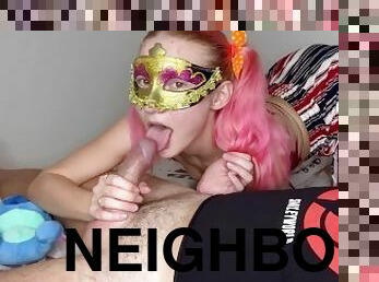 Cute virgin sucks neighbor's hard big cock, this teen girl loves creampie in her little mouth.