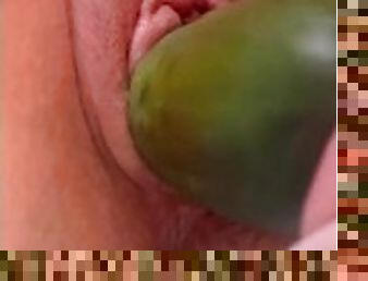 Horney MILF Cums All Over Huge Cucumber Dildo