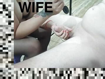 Sexy chubby wife give handjob to her husband