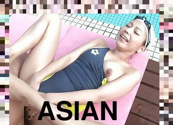 asiatisk, behåret, udendørs, sprøjte, japans, fingering, smuk, brunette