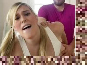 Trans Girl in pigtails jerks cocks together with BF & then gets fucked doggystyle- Real Couple Frots