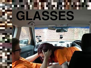 Tattooed slut with glasses pleases Ryan in the car