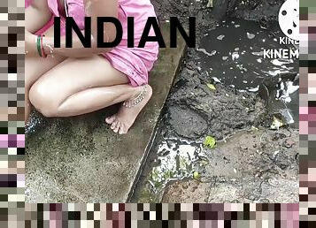 Indian House Wife Bathing Outside