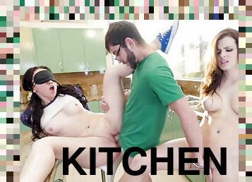 Mandy Muse & her sis Keisha Grey having a blindfold 3way in the kitchen