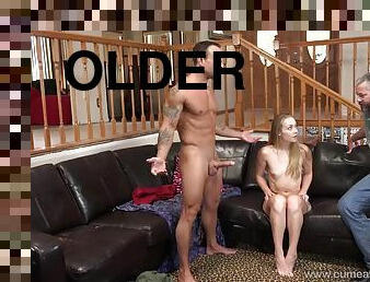 Teen beauty Sadie Blair serves two older dudes at once