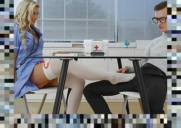 Sexy doctor in white stockings plays footsie with a patient.
