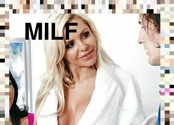 Blonde milf and young brunette Nina Elle and Sadie Pop are fucking big dick dude