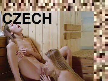 Two astonishing Czech babes playing lesbian games in sauna