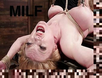 Big breast blond hair lady takes backbend bondage