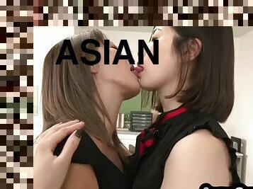 Asian lesbian secretaries enjoy Hitachi sex in the office