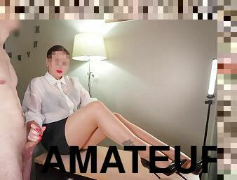 Secretary in ultra-shiny naked pantyhose handjob on her sexy feet