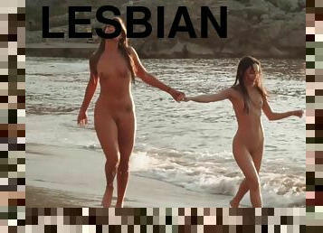 al-aire-libre, coño-pussy, babes, lesbiana, playa, besando, afeitada, tetitas