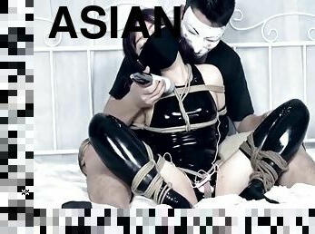 asiatique, jouet, bdsm, bas, incroyable, fétiche, latex, bâillonnement, bondage, domination