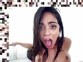 Playful brunette enjoys a doggy style POV anal orgasm