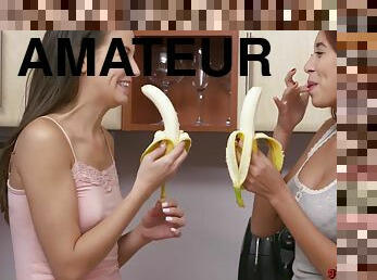 tricherie, chatte-pussy, amateur, lesbienne, cuisine, banane