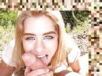 Teen Cow-Girl Can't Talk With Us Now, Because She Gives Head!