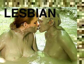 leszbikus, őrült, lucskos, fiatal-18, szépség, erdőben, bizar
