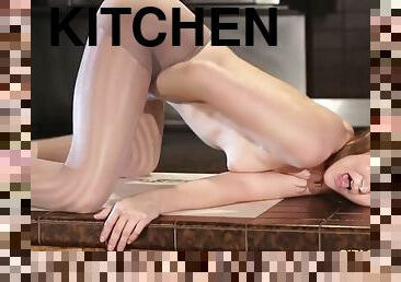 LEZ ON LEZ - Girl in pantyhose masturbates in the kitchen and other girls watch