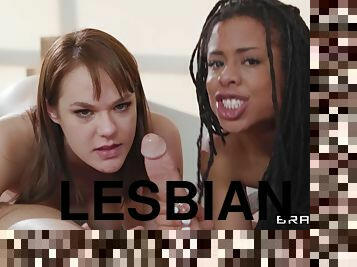 Slender lesbian girlfriends Kira Noir and Sailor Luna sharing one fucker