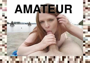 en-plein-air, public, amateur, fellation, ejaculation-sur-le-corps, ados, plage, butin, rousse, point-de-vue