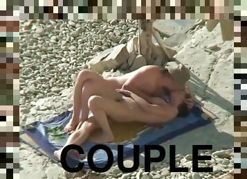 nudiste, public, couple, plage