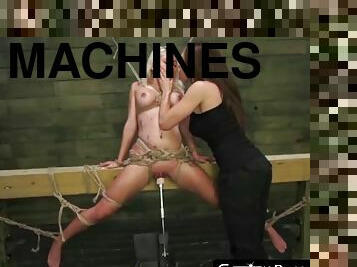 Amazing babe punished by hot domina and fucking machine