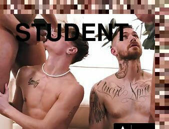 ADULT TIME - Muscular swingers fuck hungry bottom students in the ass and cum on their pretty face