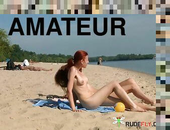 nudiste, en-plein-air, amateur, ados, plage, belle, petite