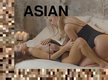 asiatique, lesbienne, ados, brunette