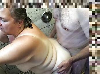 Showering with my mature bbw milf with saggy tits, tummy tnd