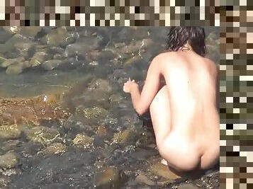 nudist, zunaj, camera, plaža, potovanje, punca, skrite