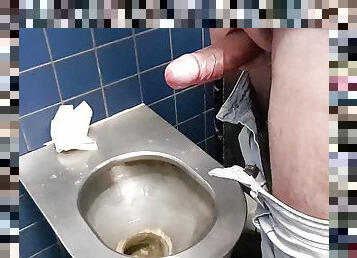 Big fat cock with ring jerk off in public toilete in Germany.