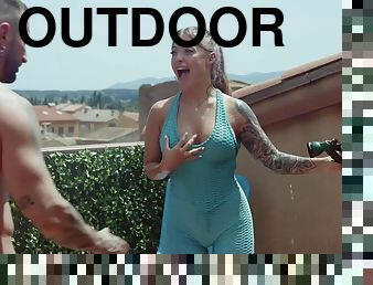 Misha Maver gets wet - Full Service Trainer - outdoor workout wityh busty babe with pierced nipples