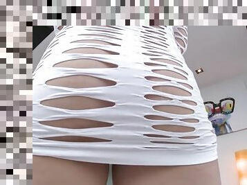 Blonde samantha rone in sexy fishnet dress shows her butt