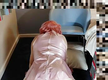 Pink pvc sissy slut black dildo play