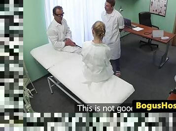 Doctors have pussy fucking trio in office