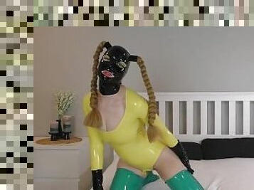 Masturbation in yellow Latex swimsuit