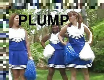 Plump brunette cheerleader rides thick cock outside