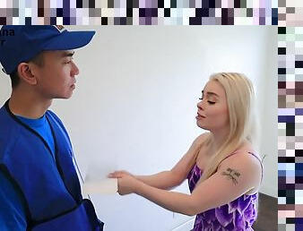Unemployed blonde bimbo gets offers to bang Asian postman