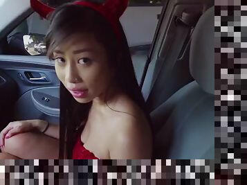 Asian with big natural tits Jade Kush takes my cock in the car