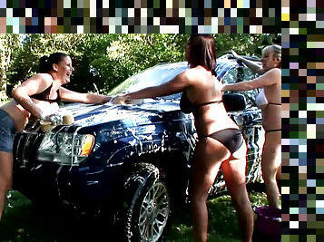 Lataya Roxx,Maggie Green and Rebecca Jessop is washing car