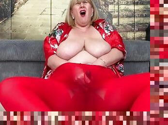 Filthy Mature, Big Tit Stepmom enjoys Wet Pussy Play through red pantyhose.