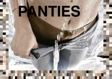 kąpiel, rajstopy, pissing, spodnie, obcisłe, prysznic, dżinsy, nylonowe