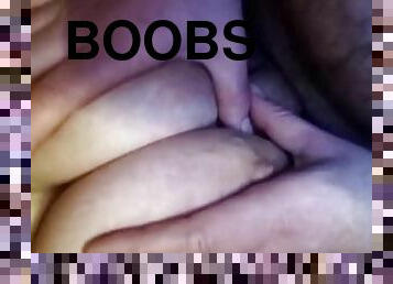 gros-nichons, masturbation, mamelons, femme, amateur, couple, naturel, seins, bite