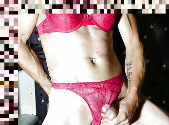 masturbation, transsexuelle, amateur, ejaculation-sur-le-corps, travesti, ejaculation, lingerie, solo, néerlandais, petits-seins