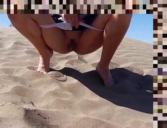 Tour guide in middle of desert outdoors is watched while she pees on sand in public open pussy PT 2